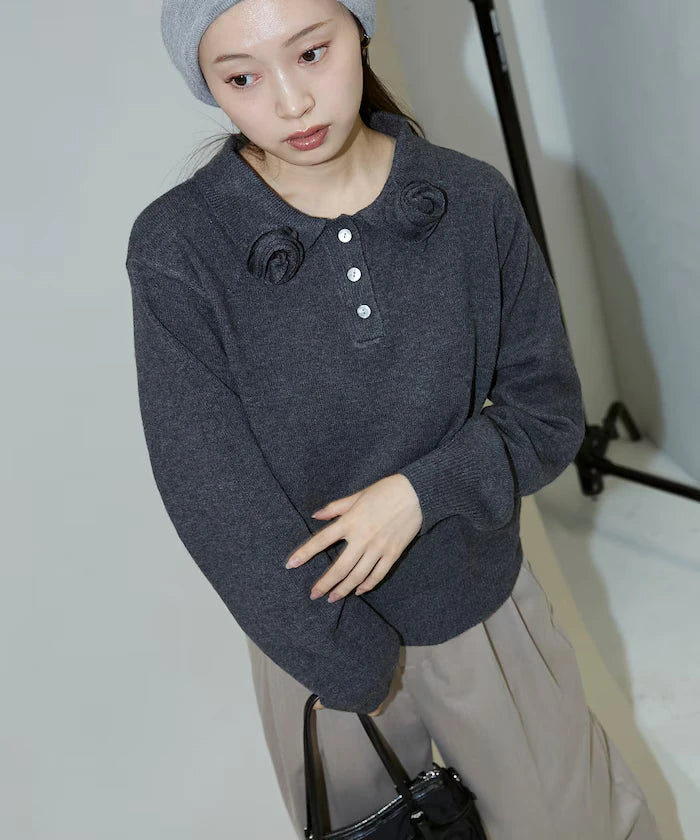 Polo knit pullover with flower motif - limited edition