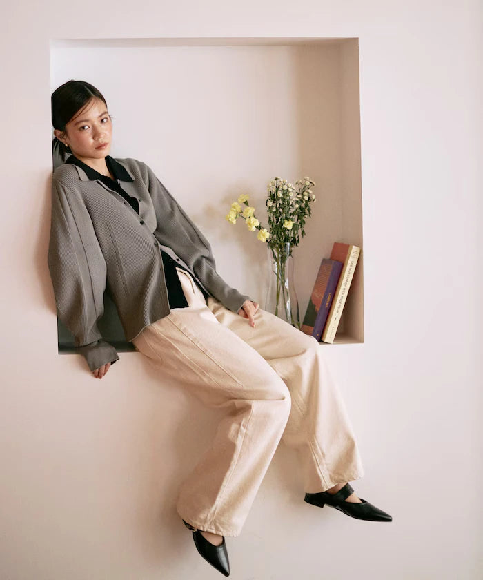 Functional material silk blend knit polo volume sleeve knit cardigan / anti-pill / machine washable