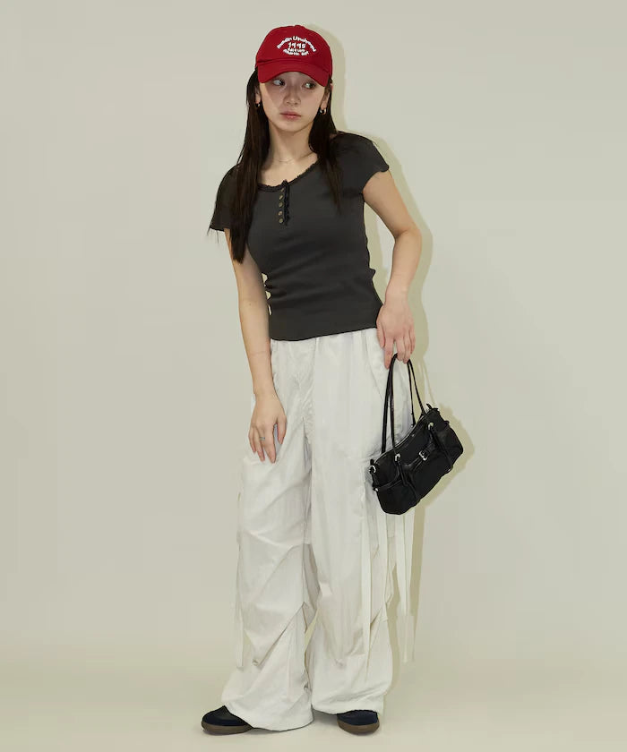 Collar Lace Contrast Henry Rib T-Shirt