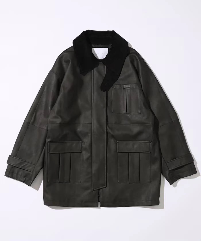 Oversized Crush Leatherette Jacket / Collar Corduroy