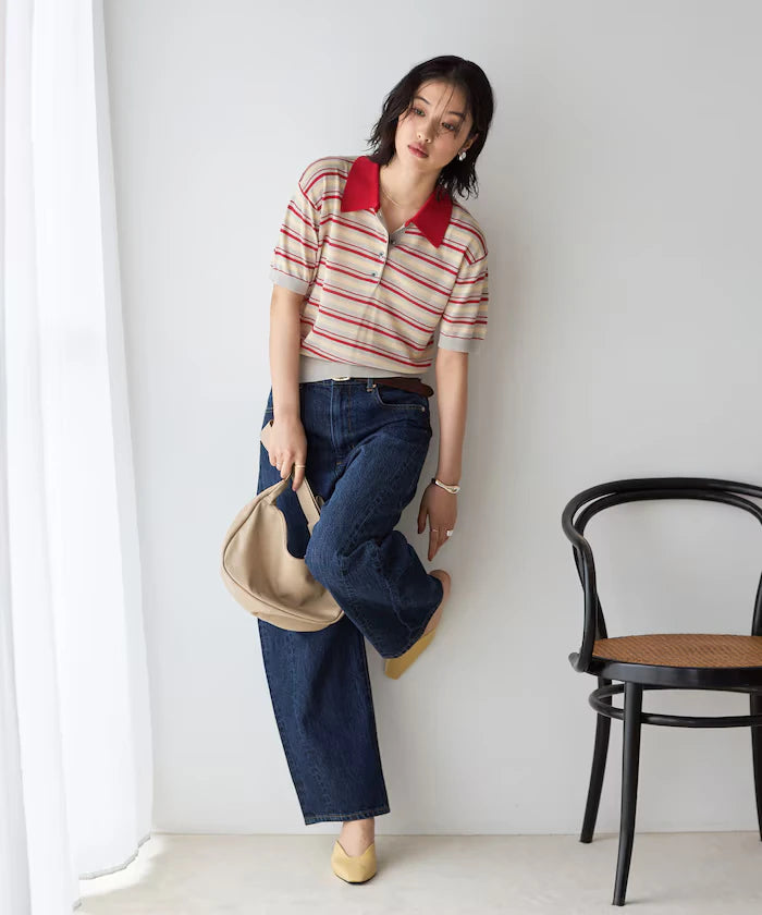 Relaxed Fit Color Design Polo Knit / Bicolor / Multi Stripe