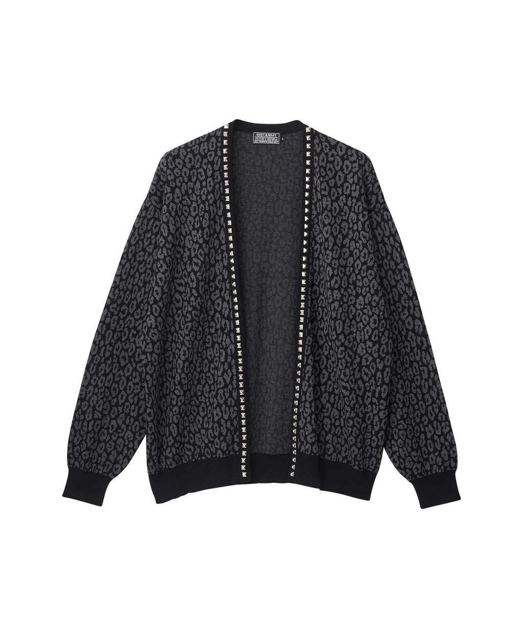 Leopard Pattern Jacquard Studded Cardigan