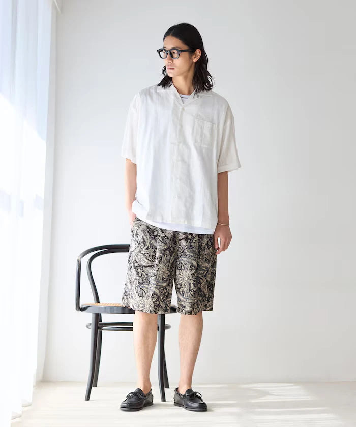 Jacquard Relaxed Fit Open Collar Short Sleeve Shirt Semi-Sheer Dobby Weave
