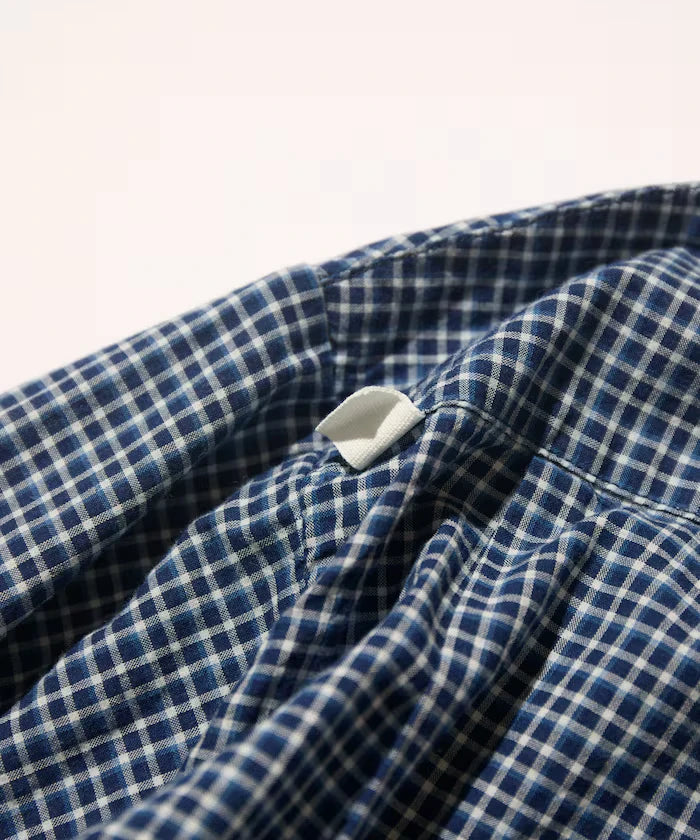 Indigo Madras Check Pullover Stand Collar Shirt