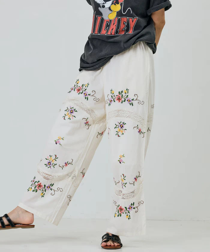 India Flower Cross Embroidery Lace Pants