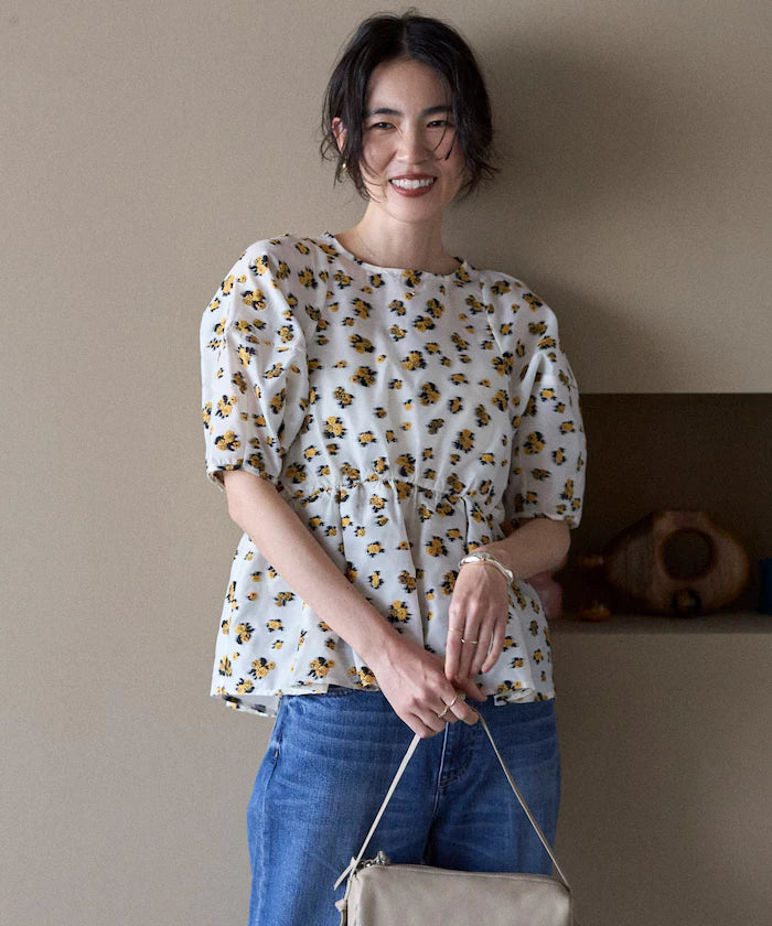 Flower Sheer Jacquard Volume Sleeve Peplum Blouse / 5 Minutes Sleeve