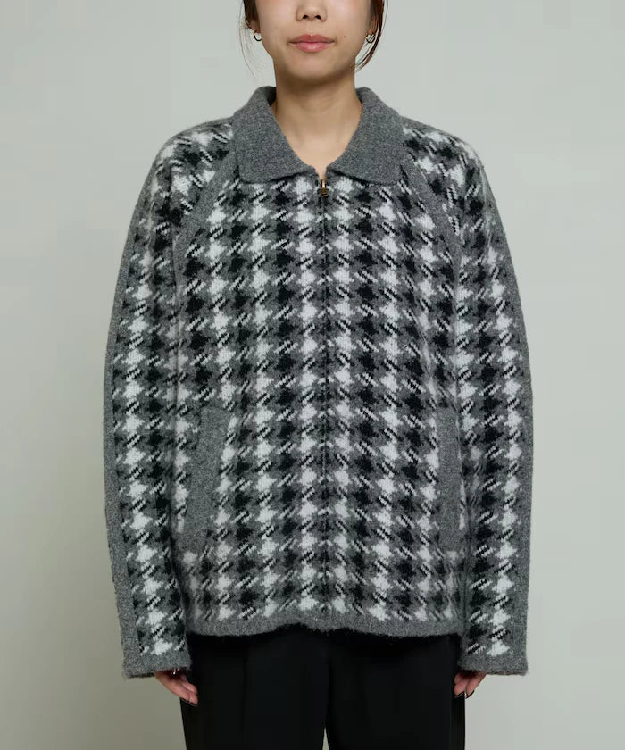 Wool Blend Gancube Check Knit Zip Blouson