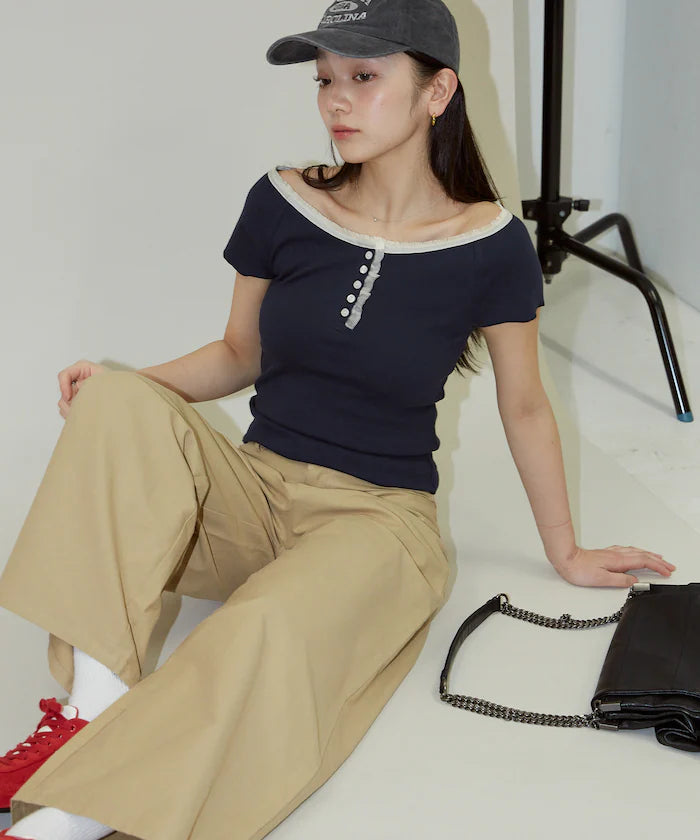 Collar Lace Contrast Henry Rib T-Shirt