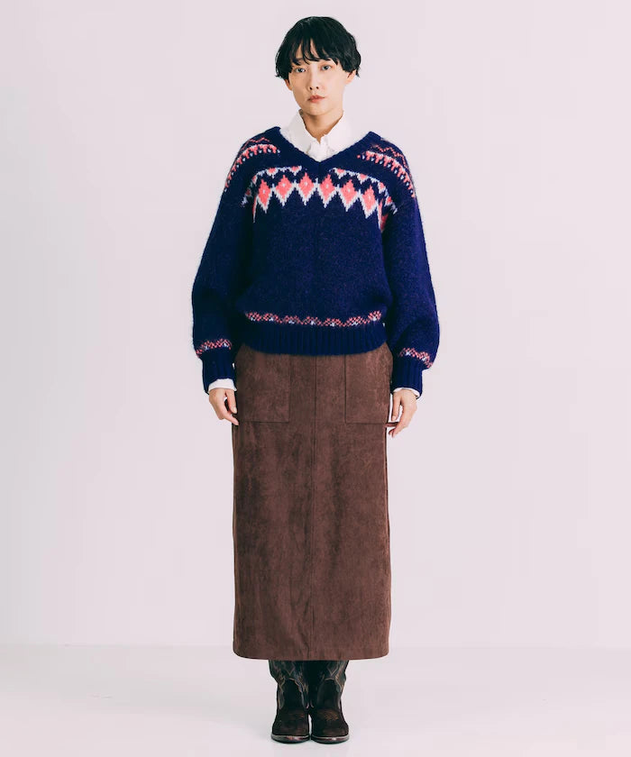 V-neck color block Nordic pattern knit