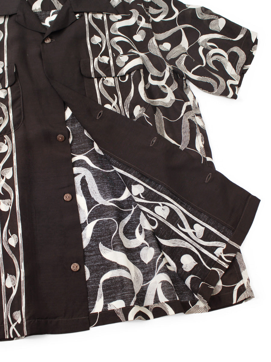 Silk rayon okra pattern short-sleeve open-collar shirt