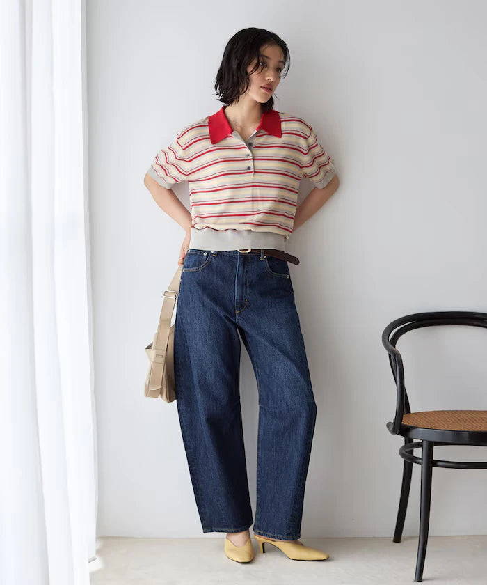 Relaxed Fit Color Design Polo Knit / Bicolor / Multi Stripe