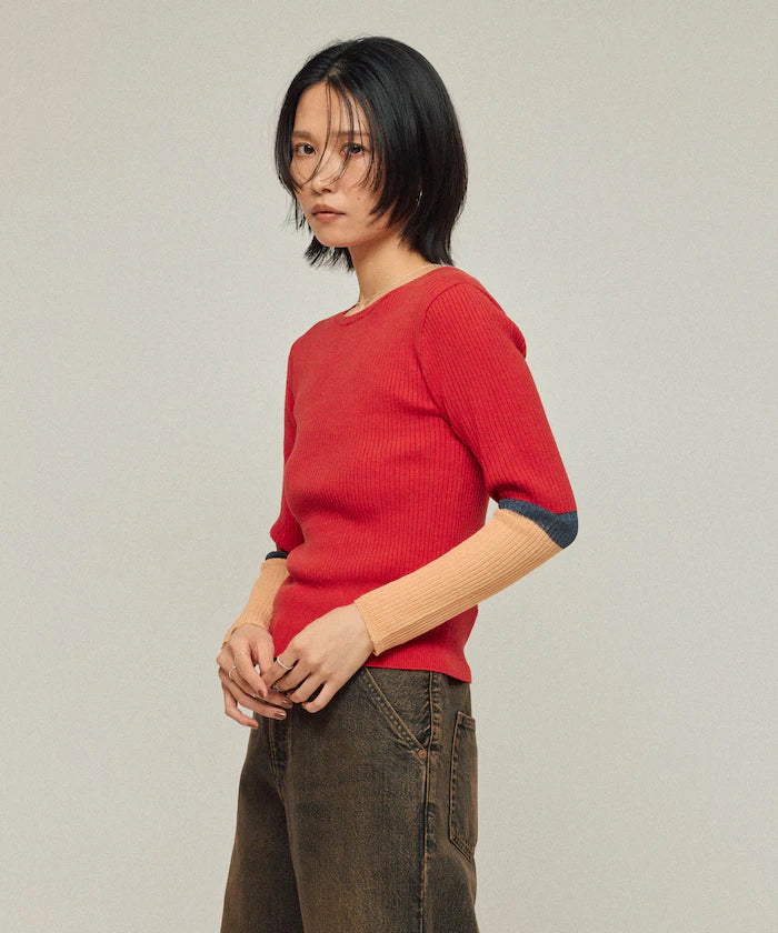 Functional material silk blend color block knit pullover / anti-pill / machine washable