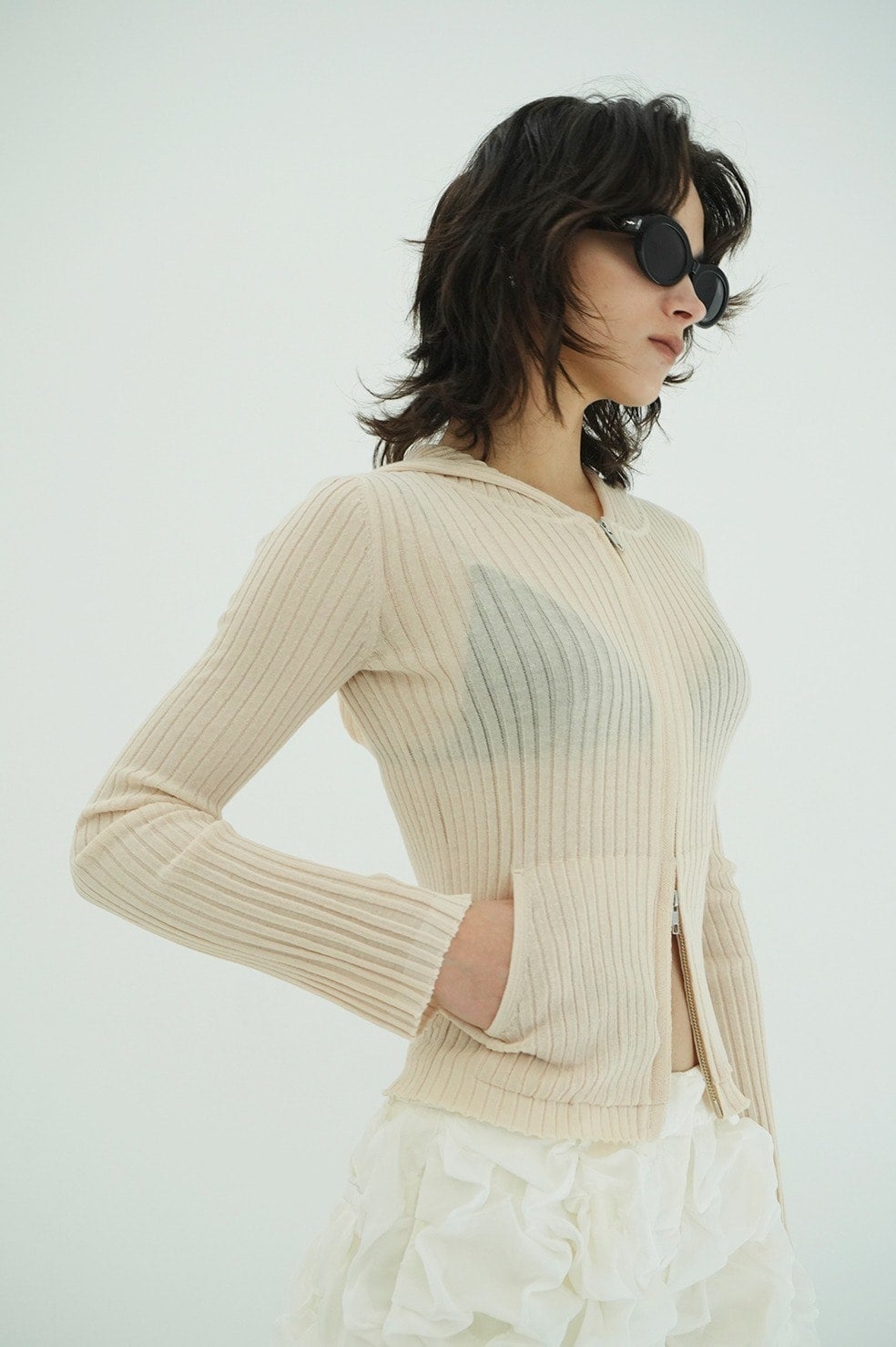 SHEER HOODED KNIT CARDIGAN
