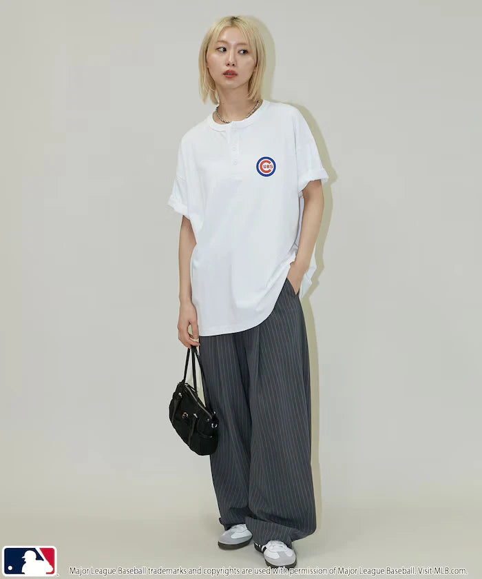 Limited Edition MLB Logo Print Henley Neck Oversized T-Shirt