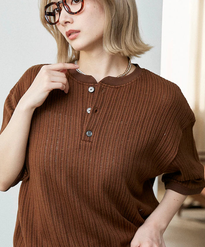 LOVE POP STUDIO Pattern Mesh Henley Neck T-Shirt Limited Release