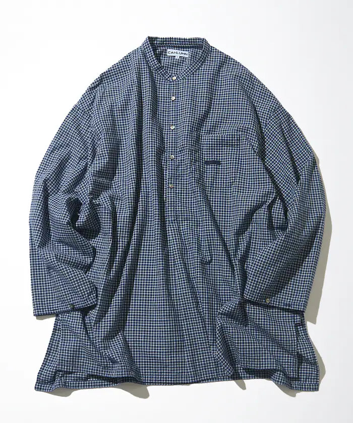 Indigo Madras Check Pullover Stand Collar Shirt
