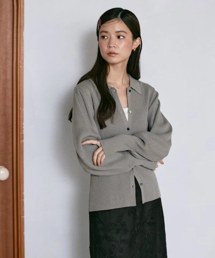 Functional material silk blend knit polo volume sleeve knit cardigan / anti-pill / machine washable
