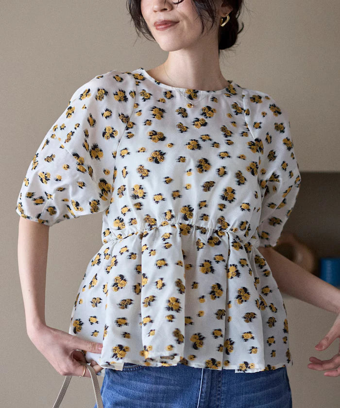 Flower Sheer Jacquard Volume Sleeve Peplum Blouse / 5 Minutes Sleeve