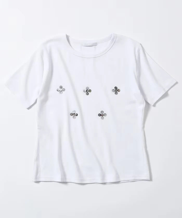 Shell Button Flower Motif Cotton Modal T-Shirt
