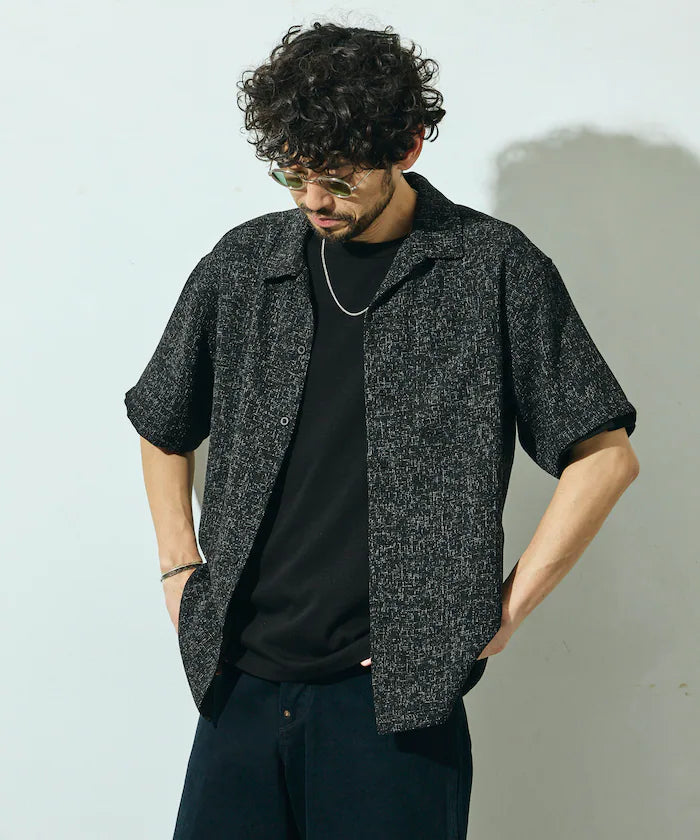 Dry Touch Summer Tweed Short Sleeve Open Collar Shirt