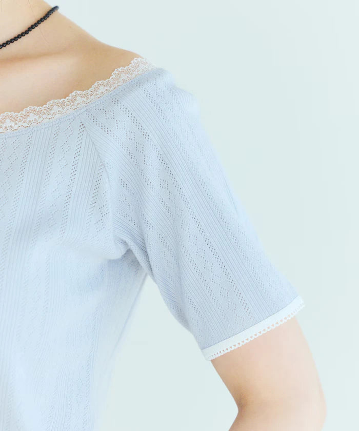 Boat Neck Pullover Knit Lace T-Shirt