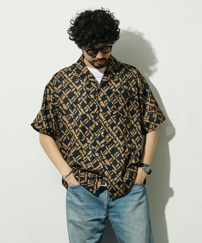 Mesh Open Collar Pattern Short Sleeve Shirt / Allover Design Open Collar Shirt / Big Silhouette