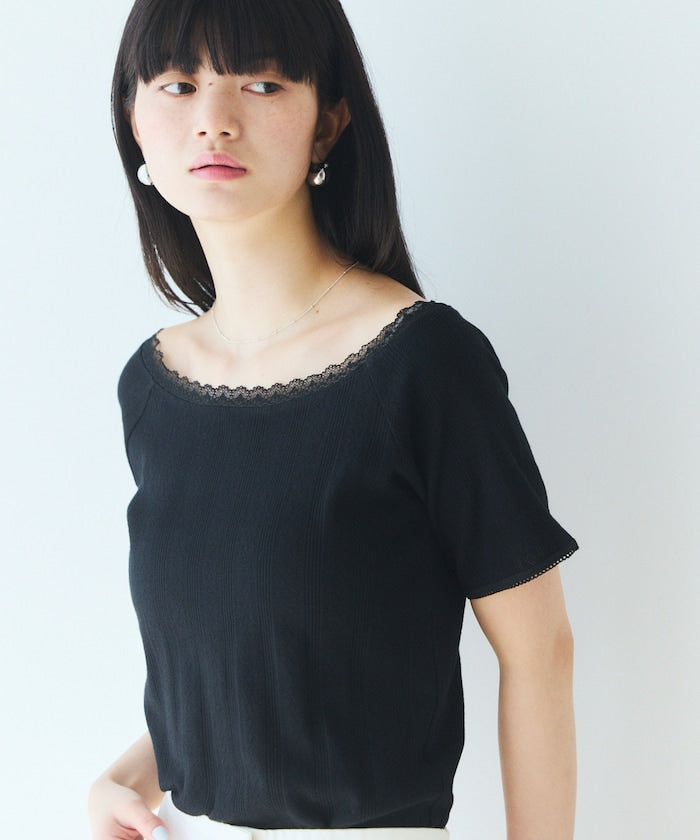 Boat Neck Pullover Knit Lace T-Shirt