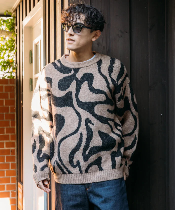 All-over Pattern Double Jacquard Knit Crew Neck Pullover / Relaxed Fit