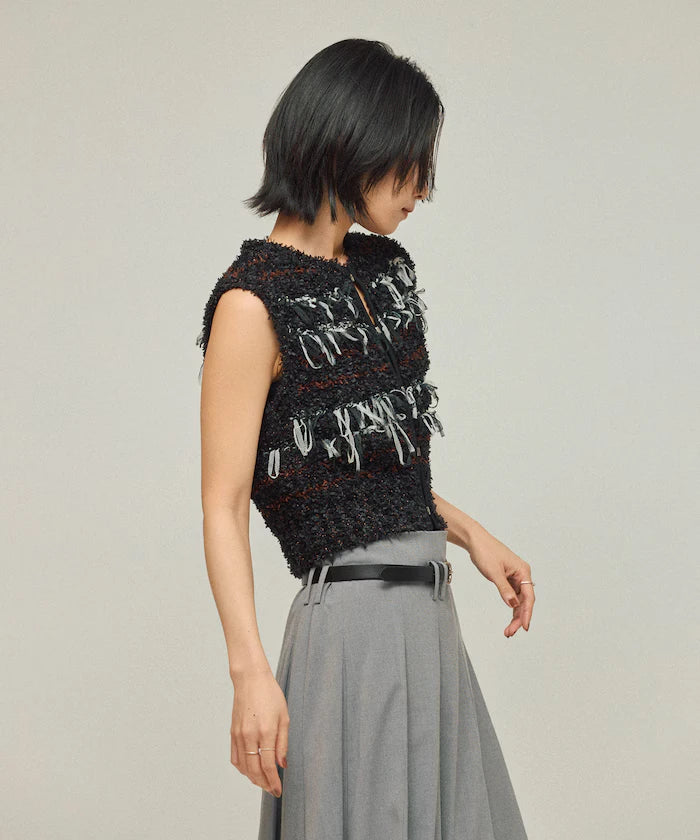 Mixed Material Fringe Knit Vest / Striped Knit Gilet