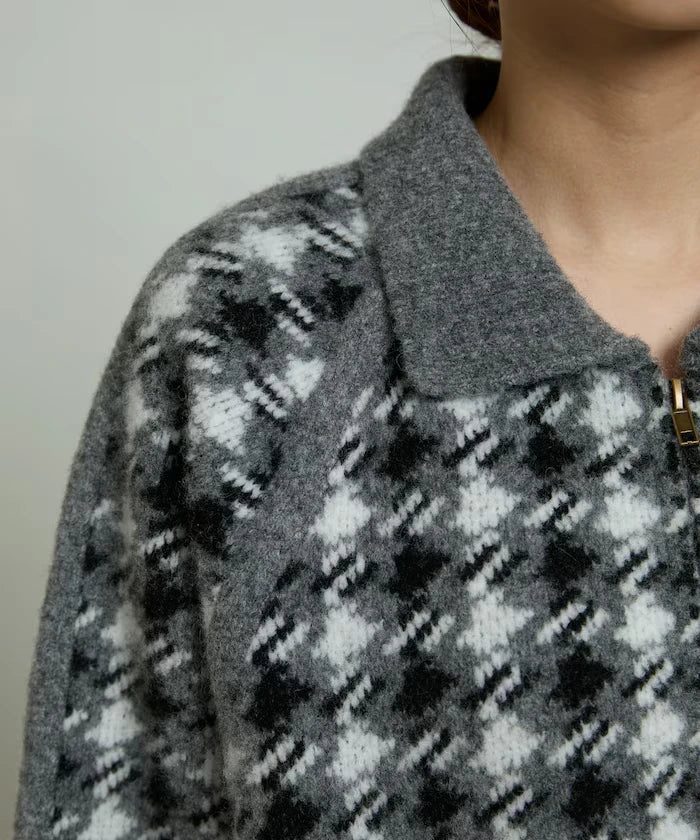 Wool Blend Gancube Check Knit Zip Blouson