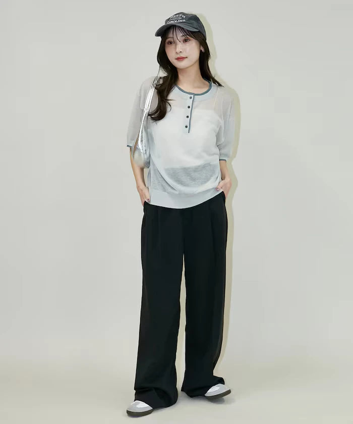 Washable linen color block henley neck knit top limited release