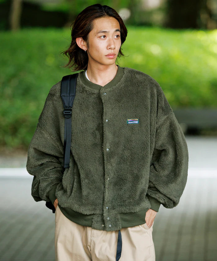 Relaxed Fit Shaggy Fleece Crew Neck Cardigan