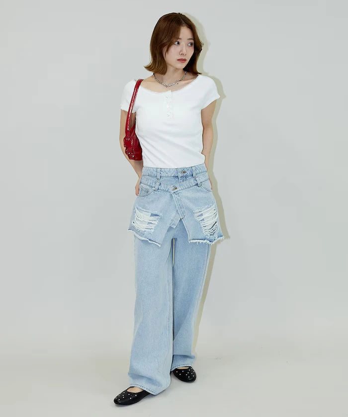 Collar Lace Contrast Henry Rib T-Shirt