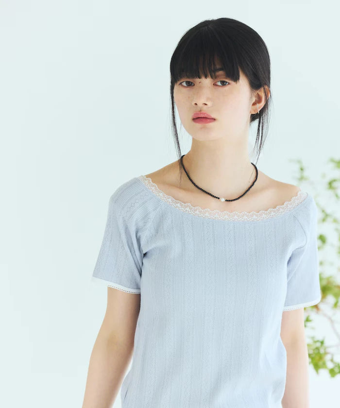 Boat Neck Pullover Knit Lace T-Shirt