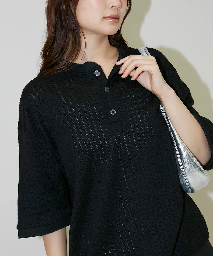 LOVE POP STUDIO Pattern Mesh Henley Neck T-Shirt Limited Release