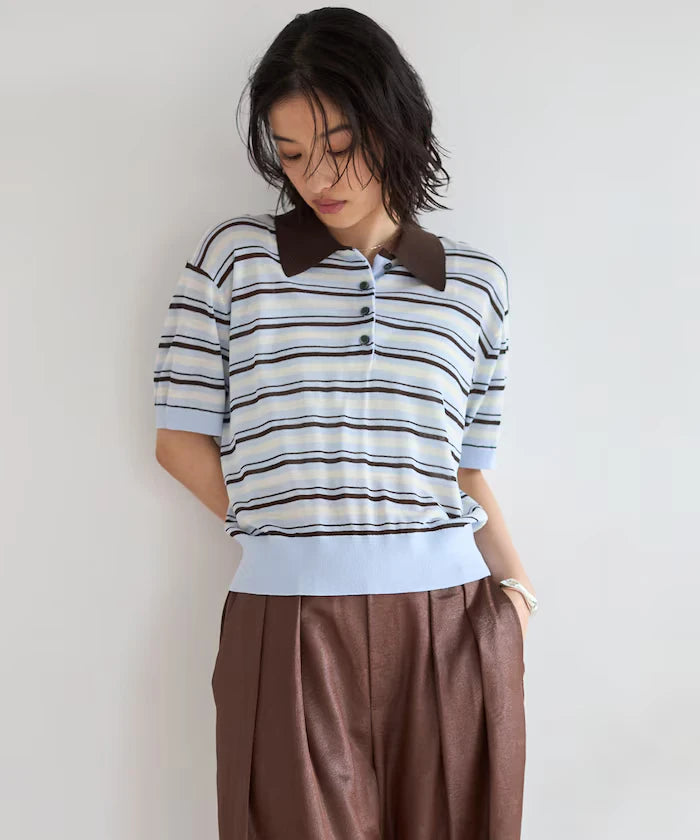 Relaxed Fit Color Design Polo Knit / Bicolor / Multi Stripe