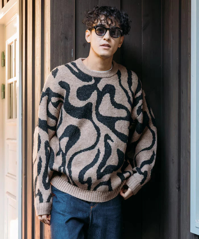 All-over Pattern Double Jacquard Knit Crew Neck Pullover / Relaxed Fit