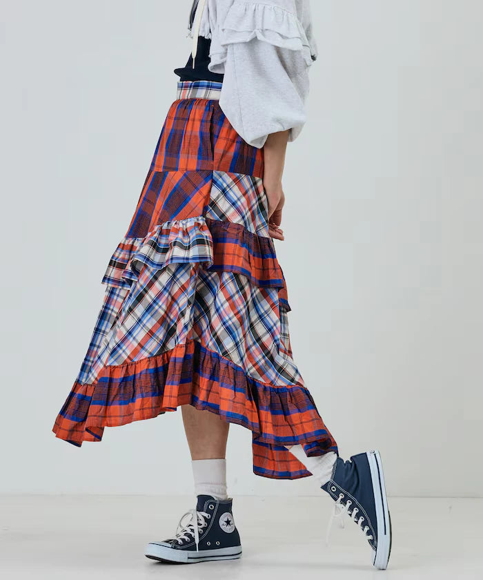 Check x Check Asymmetrical Frill Skirt