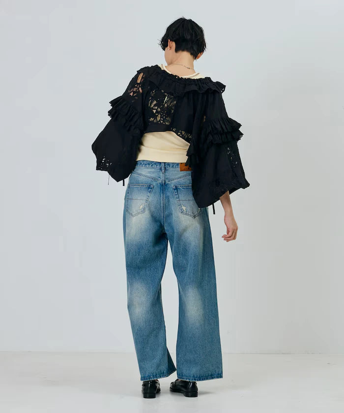 Flower Embroidery Wide Denim