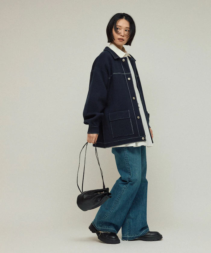 Oversized Wool Blend Knit Coverall / Color Stitch Knit Jacket