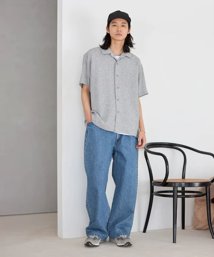 Dry Touch Summer Tweed Short Sleeve Open Collar Shirt