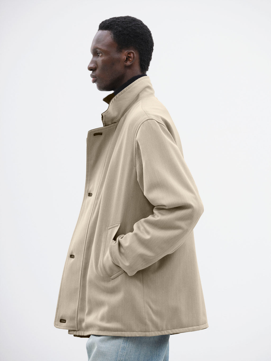 REVERSIBLE WOOL TWISTED TWILL / SHEEP LEATHER HALF COAT