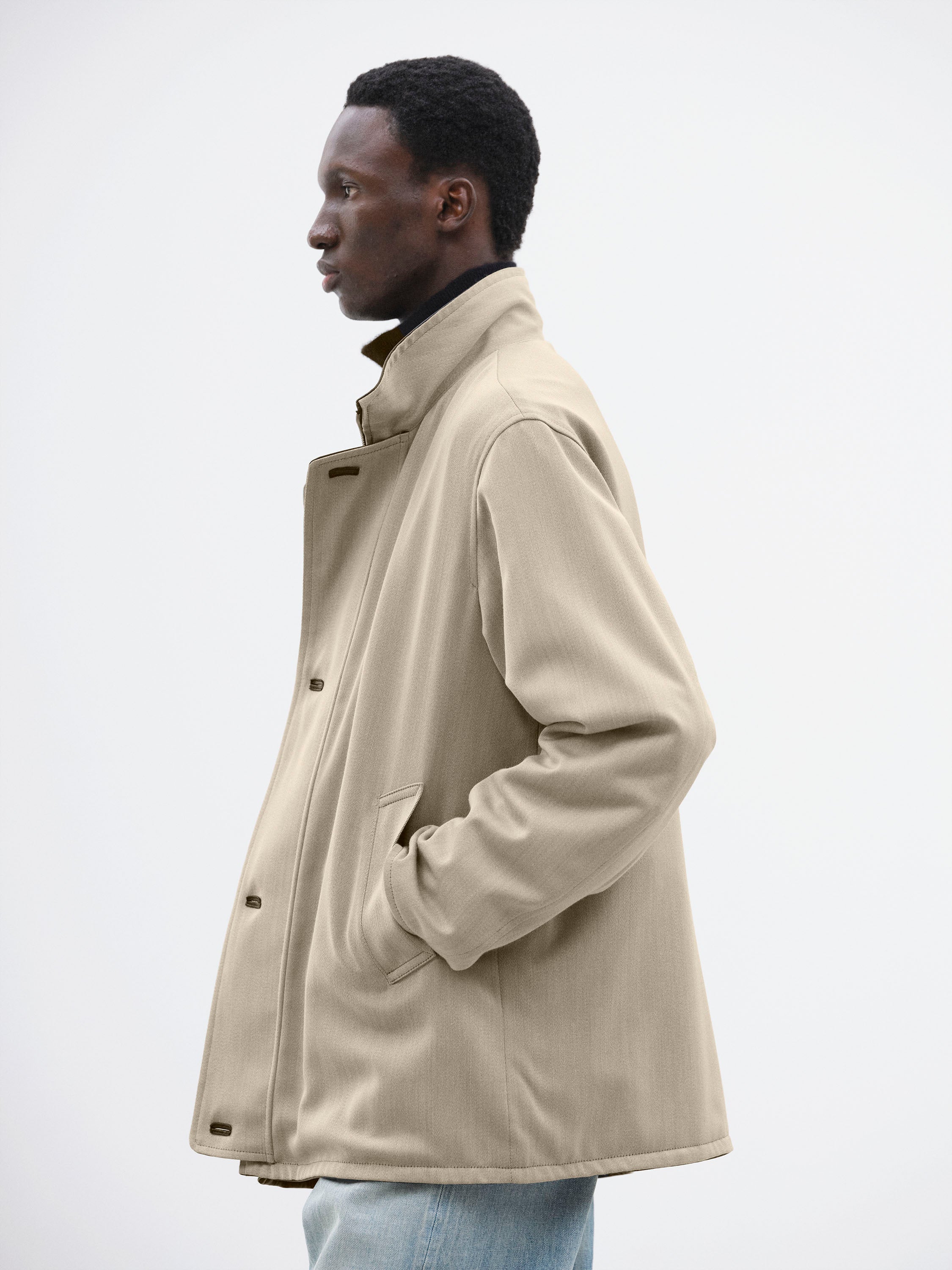 REVERSIBLE WOOL TWISTED TWILL / SHEEP LEATHER HALF COAT