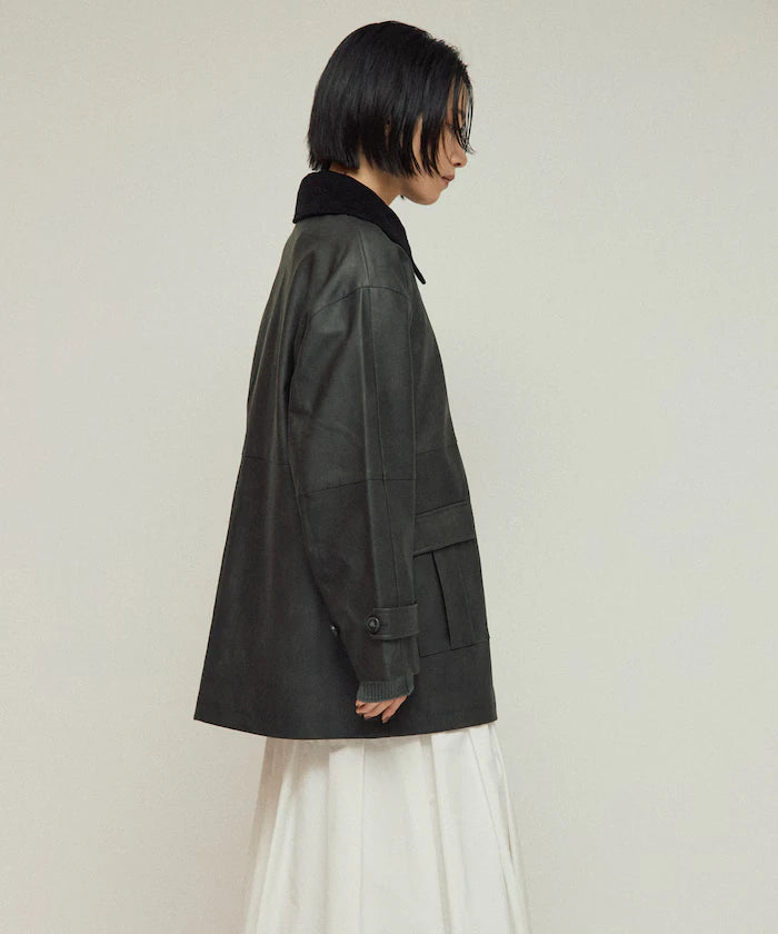 Oversized Crush Leatherette Jacket / Collar Corduroy