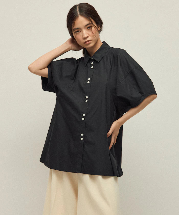 Switching Design Balloon Sleeve Shirt / 5-Minute Sleeve Blouse