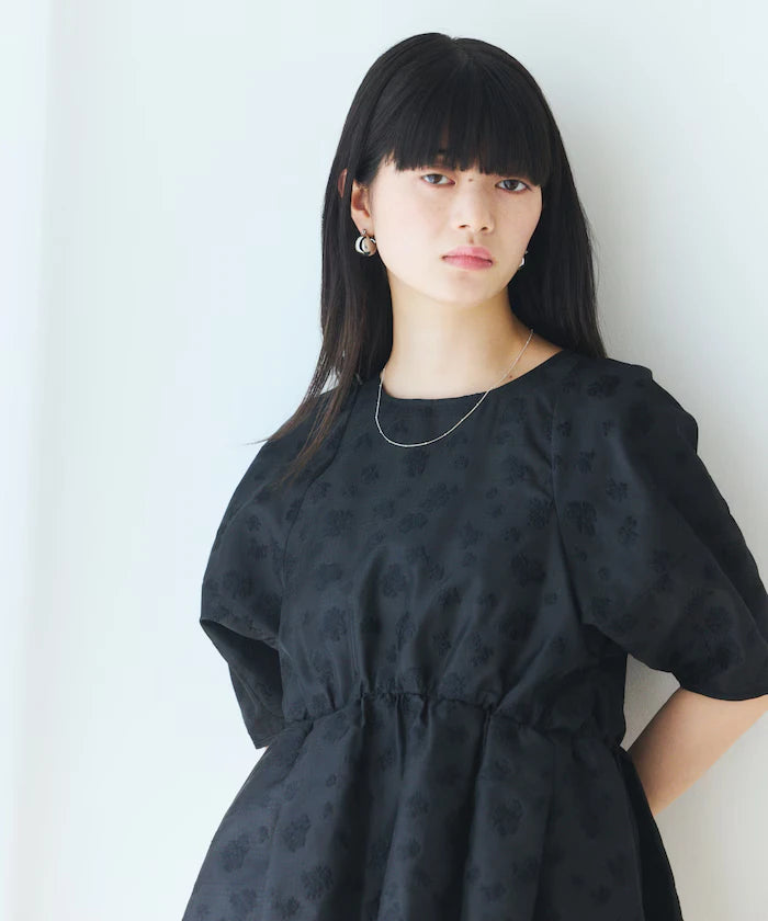 Flower Sheer Jacquard Volume Sleeve Peplum Blouse / 5 Minutes Sleeve