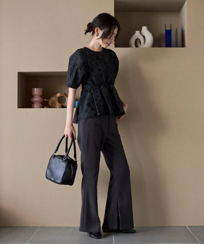 Flower Sheer Jacquard Volume Sleeve Peplum Blouse / 5 Minutes Sleeve