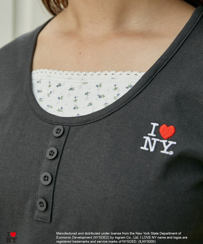 I LOVE NY Floral Pattern Layered Style Henley Neck T-Shirt Limited Edition