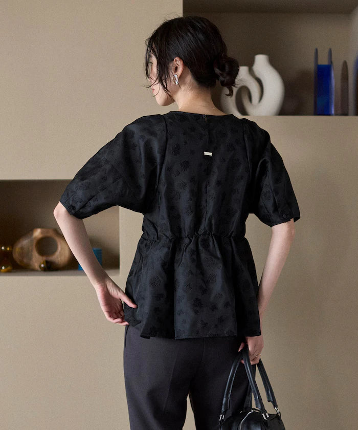 Flower Sheer Jacquard Volume Sleeve Peplum Blouse / 5 Minutes Sleeve