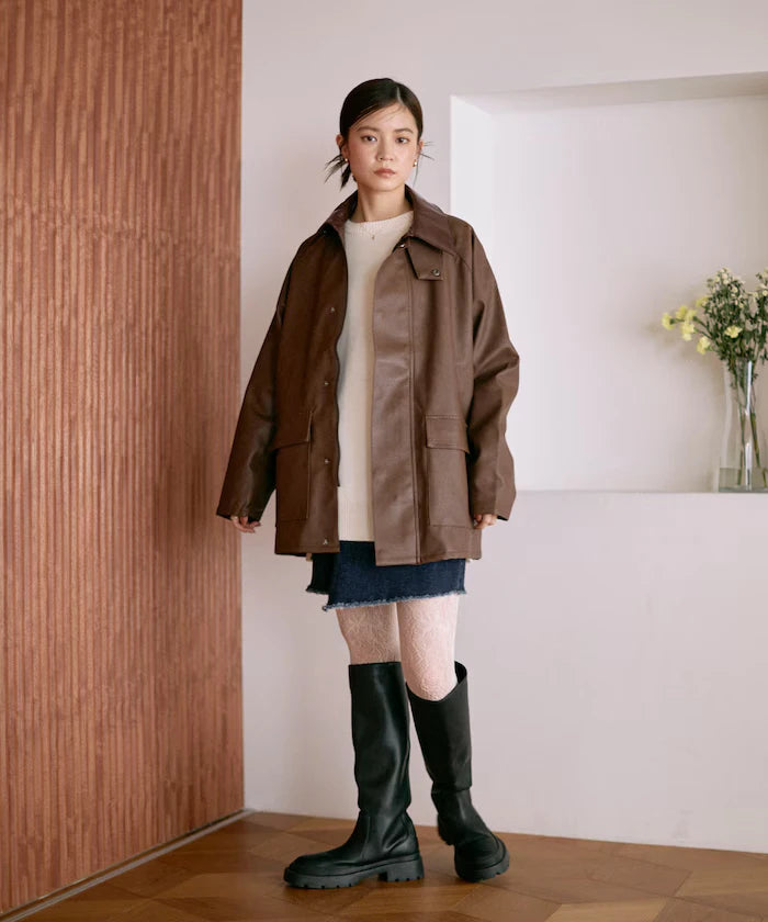 Oversized leatherette blouson / Mixed material switching